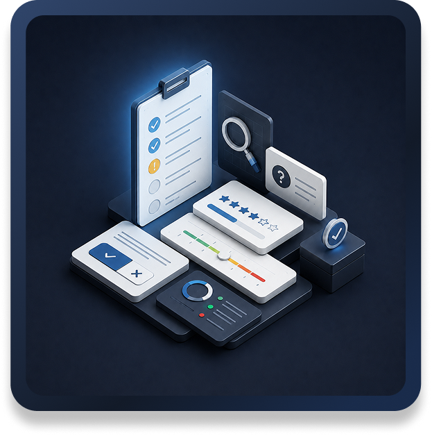 Illustration of diagnostic checklist, scoring cards, and review controls